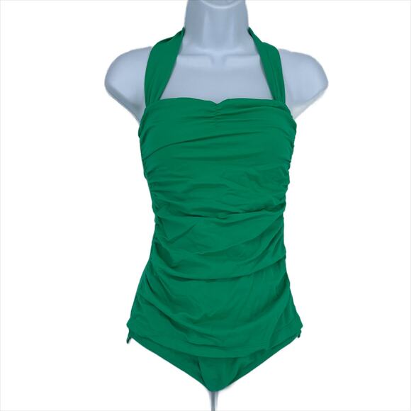 Scrunch Halter Neck One Piece Swimsuit in Green Size Medium - Picture 1 of 4
